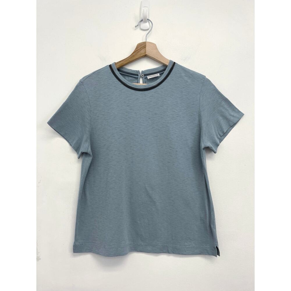 Brunello Cucinelli Monili Bead Trim Embellished Luxury Designer T-Shirt - Large